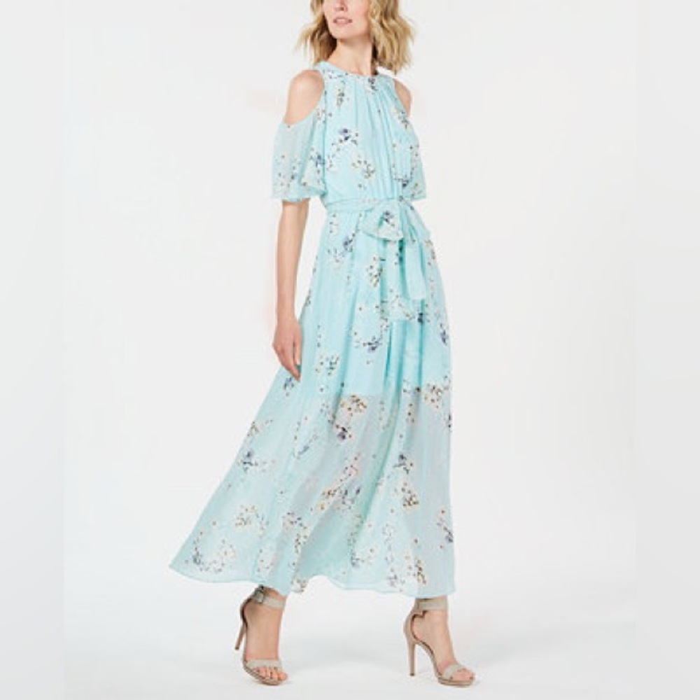 Calvin Klein 6 Maxi Dress Aqua Blue Asian Floral Cold Shoulder Chiffon Flowy - Picture 2 of 13